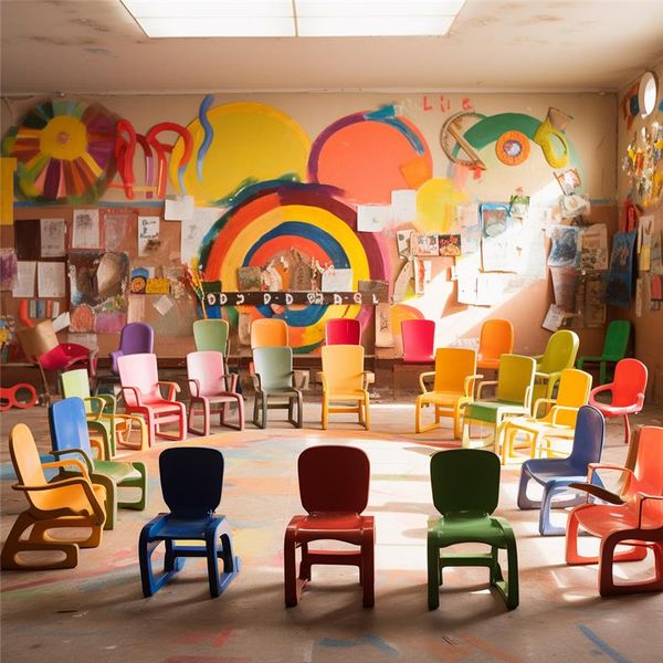 Kindergarten mit bunten leeren Stühlen 