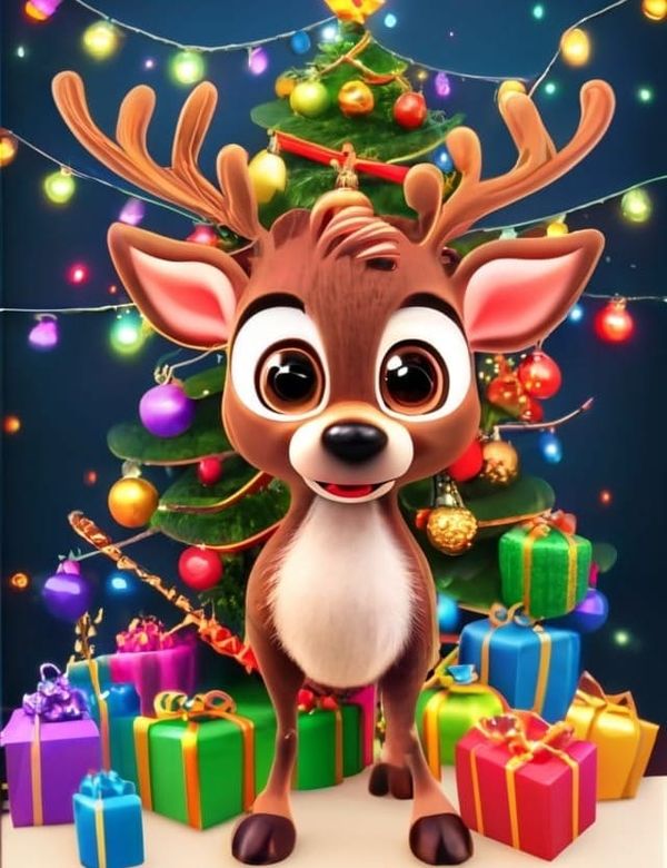 Vielen Bunte Geschenke um den Weihnachtsbaum und einem süßen Rentier