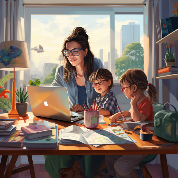 Eine Mama im Home Office mit Kindern. Mediengeräte und Kinder.