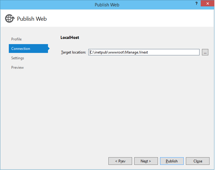 set publish profile connection path