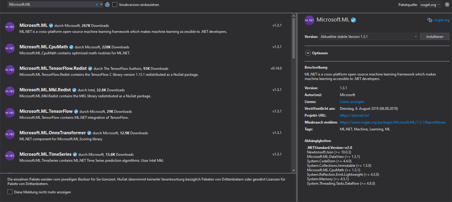 Adding ML.NET to a C# project