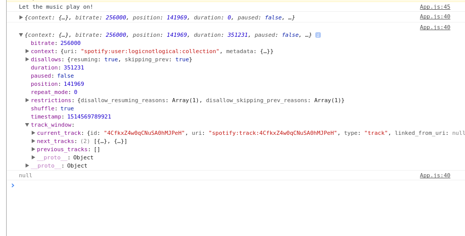 Debugging information appearing in the console, showing the current state of the player.