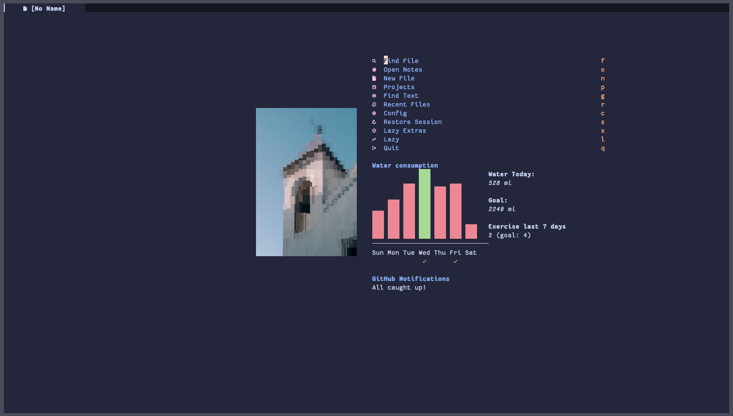 My Neovim dashboard screen. Showing a chart, shortcuts and a pixellated image