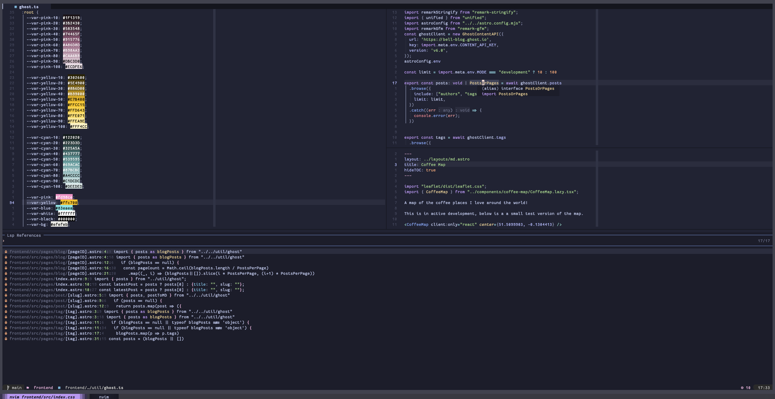 A split window showing CSS code, javscript code as well as a search window.