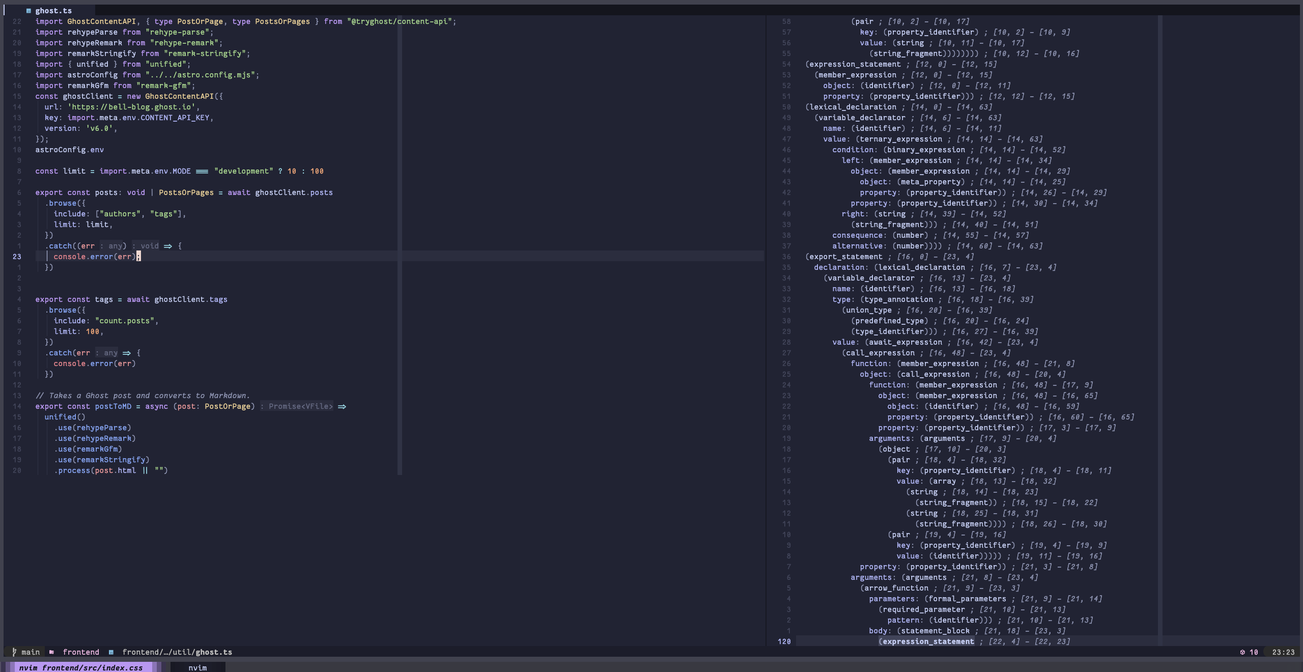 A screenshot of Neovim with the syntax tree printed on the right hand side.