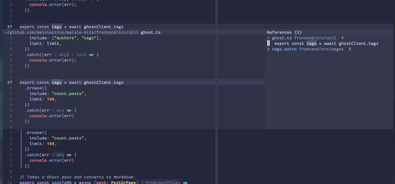 A screenshot showing a glance pop up, displaying a list of references to a function