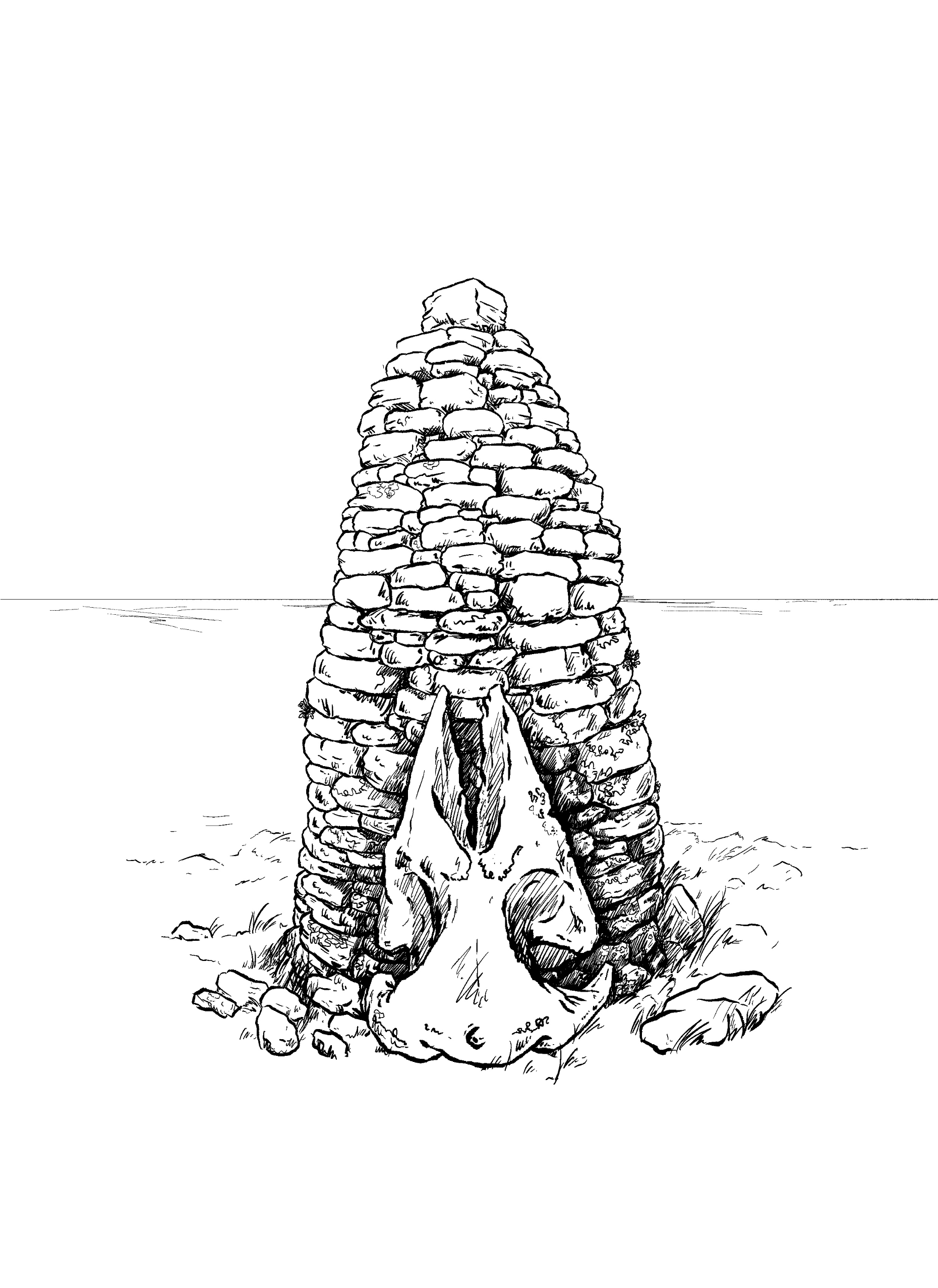 a line drawing of a stacked cairn of rocks with an old whale skull resting at the base