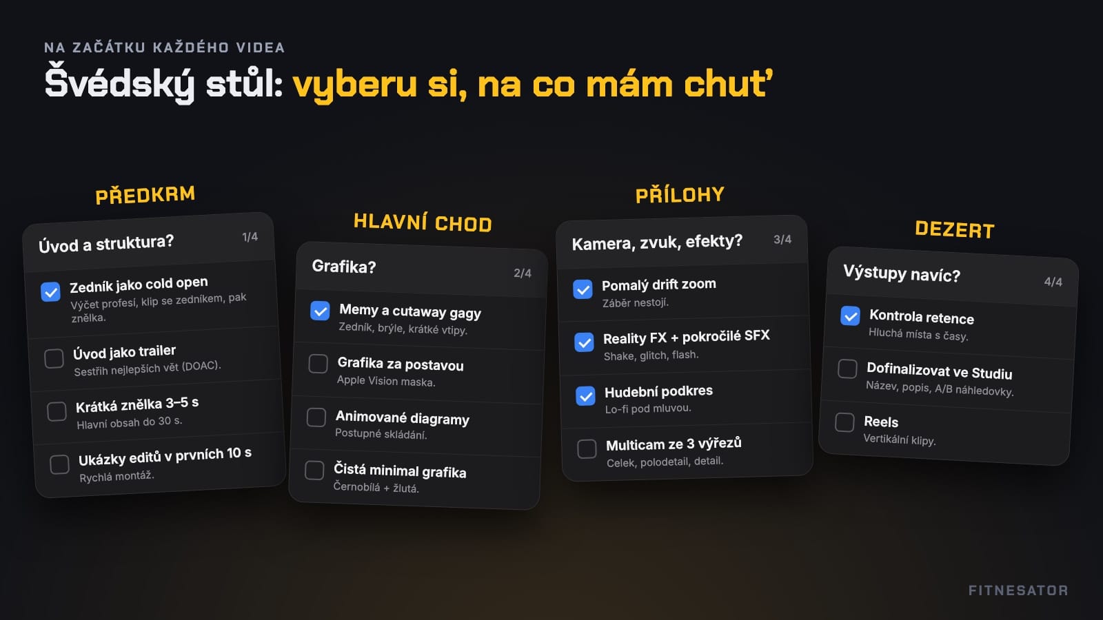 Menu technik na začátku střihu: úvod, grafika, efekty, výstupy
