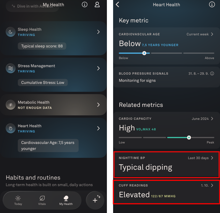 Kde funkce najdete: My Health → Heart Health. Na kartě je Blood Pressure Signals (stav „Monitoring for signs“), Nighttim