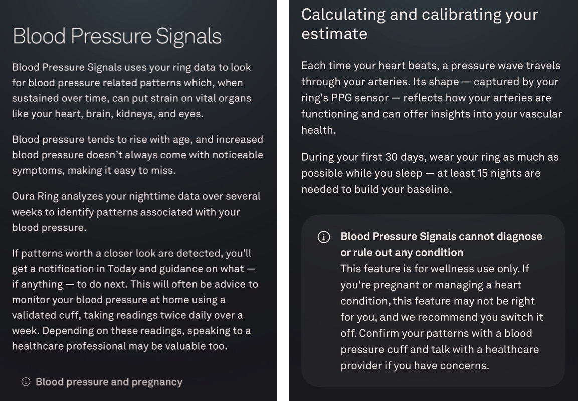 Blood Pressure Signals v aplikaci: co funkce hledá (vlevo) a jak vzniká odhad + upozornění, že jde jen o wellness a výsl