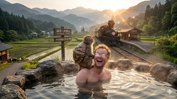 Ich glaub, mich laust der Schildkröten-Affe in den Hot Springs am Ende der Paradise Road zwischen den Reisfeldern hinter Alishans Schmalspurbahnhof 🤯