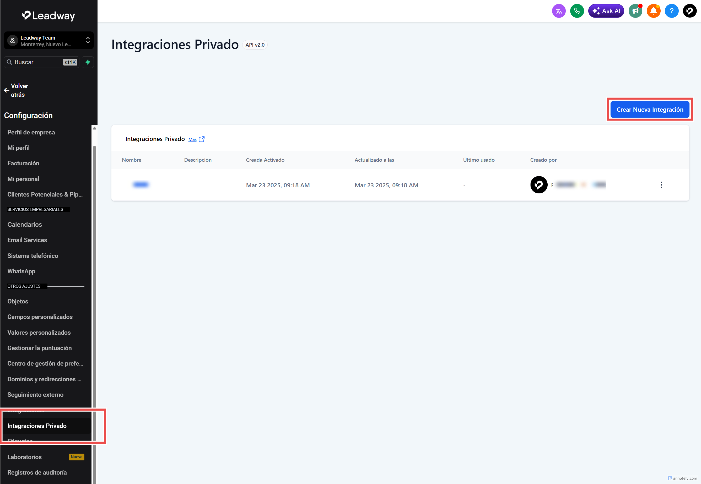 Crear nueva integración en Leadway