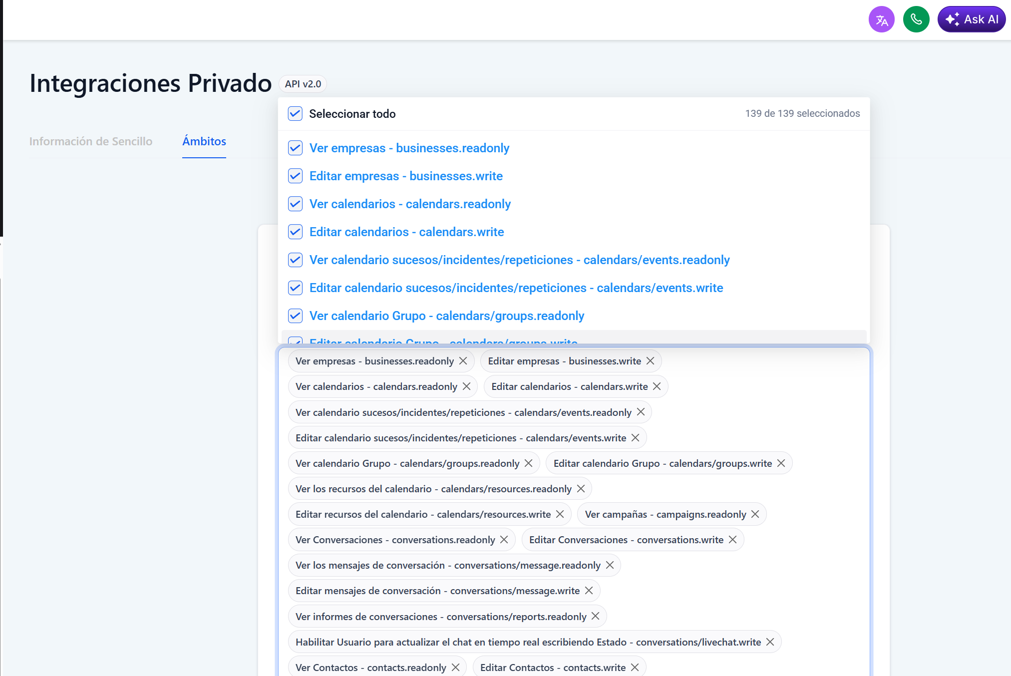 Selección de permisos del token