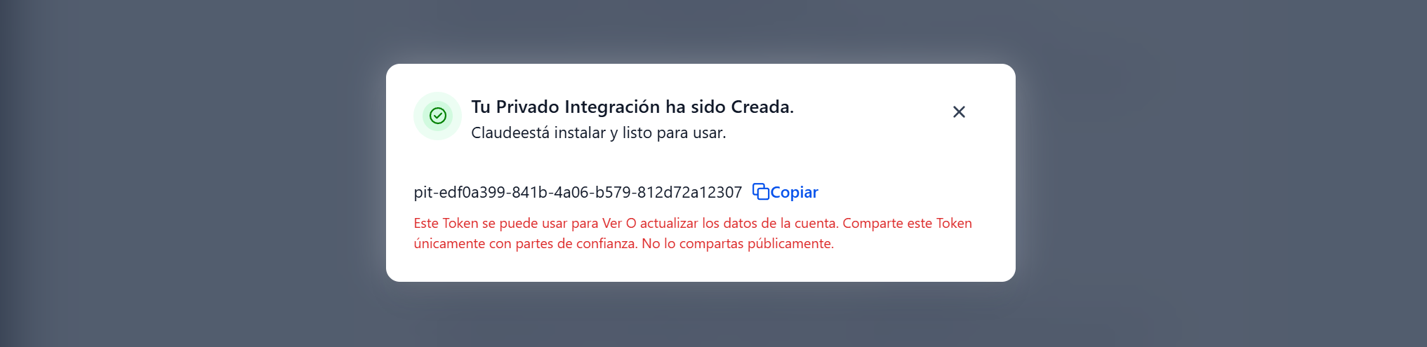 Copiar token de integración