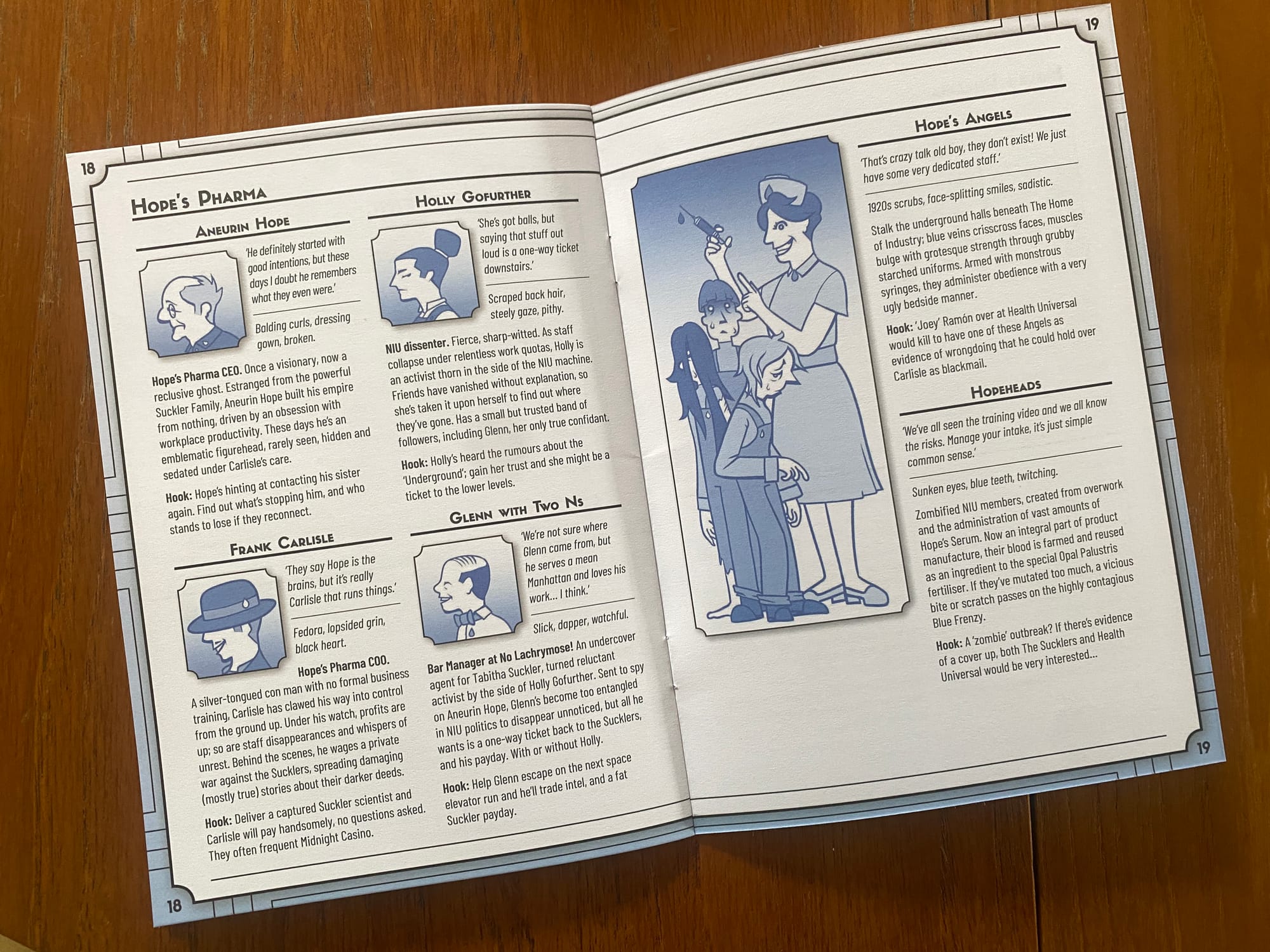 Pages of the zine including various NPCs.