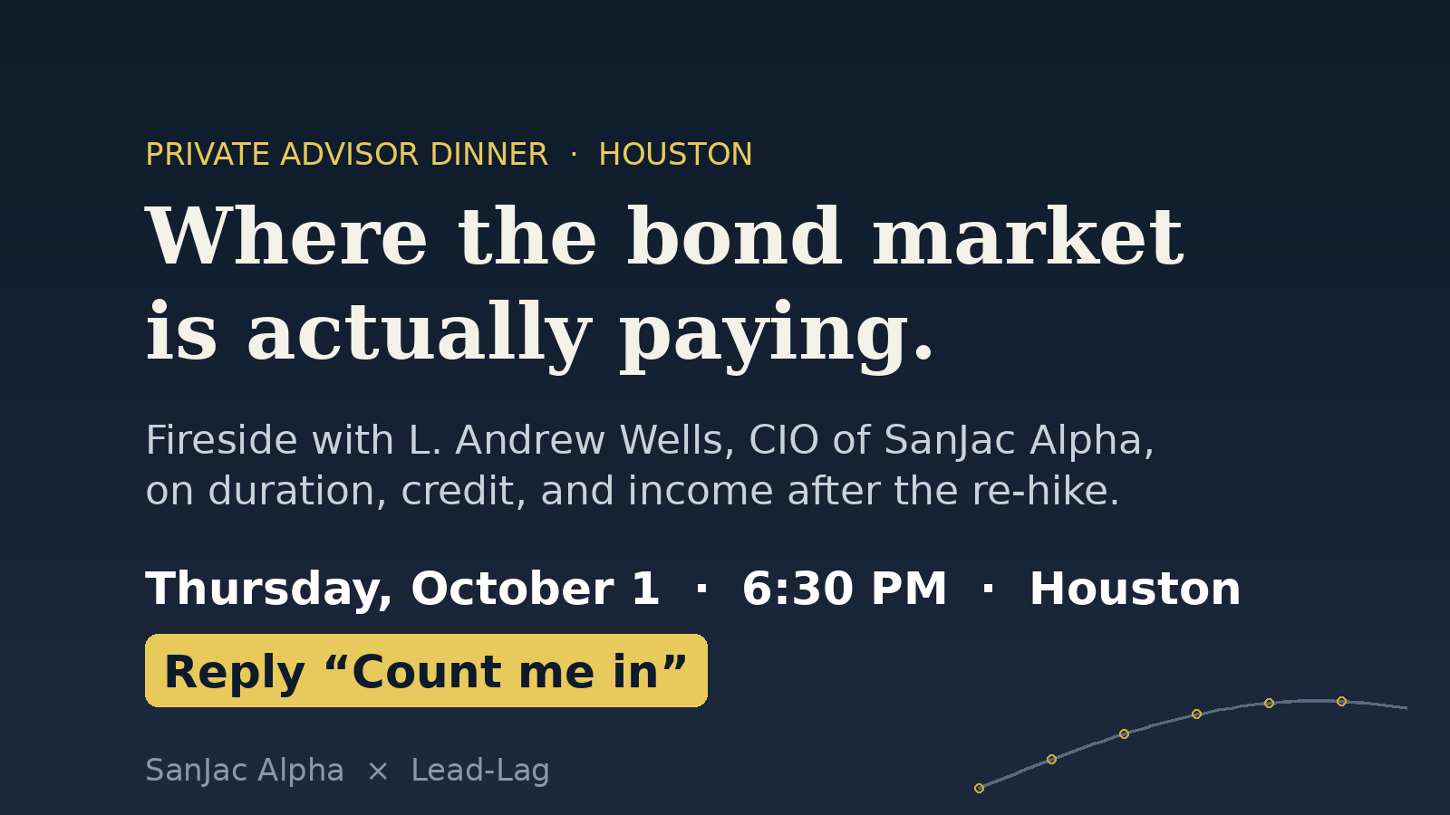 SanJac Alpha x Lead-Lag private advisor dinner, Houston, October 1 - Where the bond market is actually paying