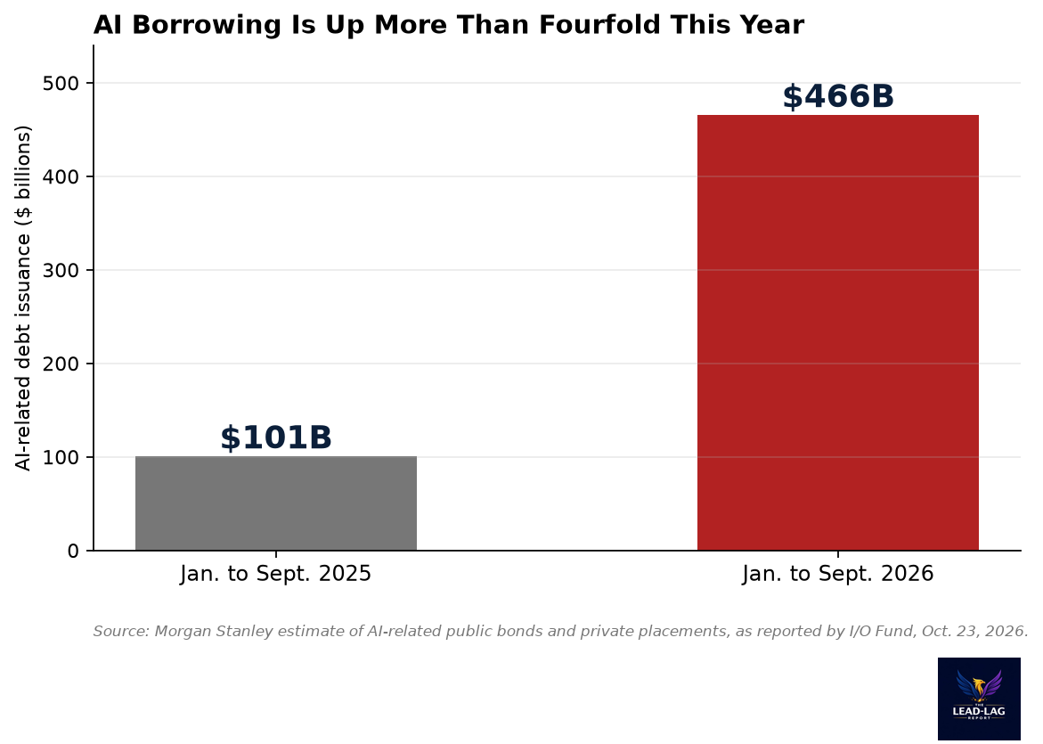 Bar chart of AI-related debt issuance: 101 billion dollars from January to September 2025 and 466 billion dollars in the same period of 2026