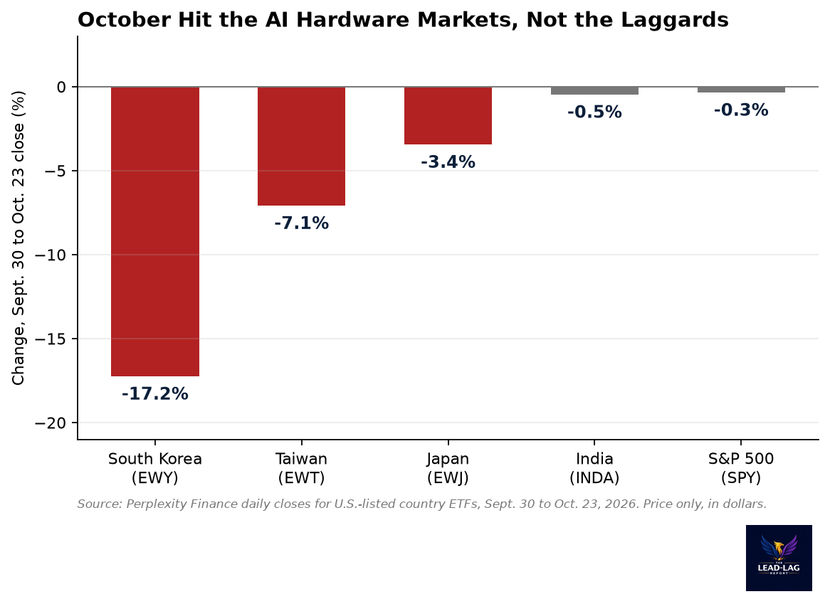 Bar chart of October 2026 returns through October 23: South Korea ETF down 17.2 percent, Taiwan down 7.1 percent, Japan down 3.4 percent, India down 0.5 percent, S&P 500 down 0.3 percent