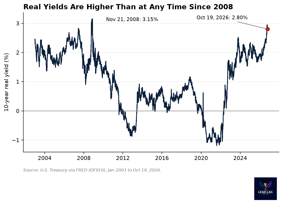 Line chart of the 10-year real yield from 2003 to October 19, 2026