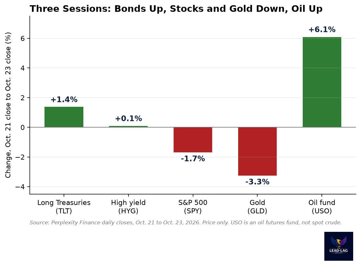 Bar chart of three-session returns from October 21 to October 23, 2026: long Treasuries up 1.4 percent, high yield flat, S&P 500 down 1.7 percent, gold down 3.3 percent and an oil fund up 6.1 percent