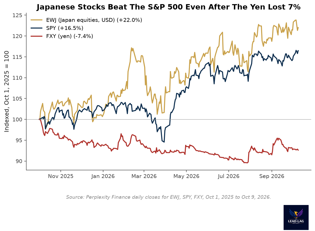 EWJ, SPY and FXY indexed to 100 on October 1, 2025, with EWJ up 22 percent and FXY down 7.4 percent