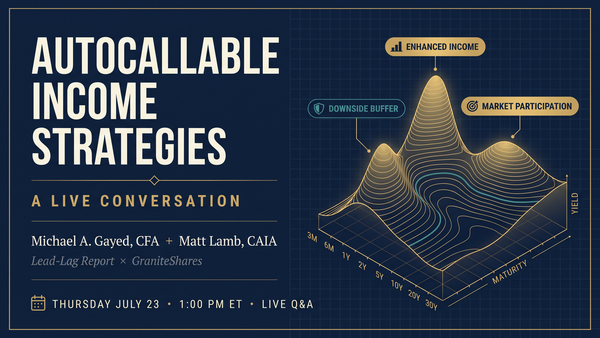 Autocallable Income Strategies — A Live Conversation. Michael A. Gayed, CFA + Matt Lamb, CAIA. Lead-Lag Report x GraniteShares. Thursday July 23 · 1:00 PM ET · Live Q&A