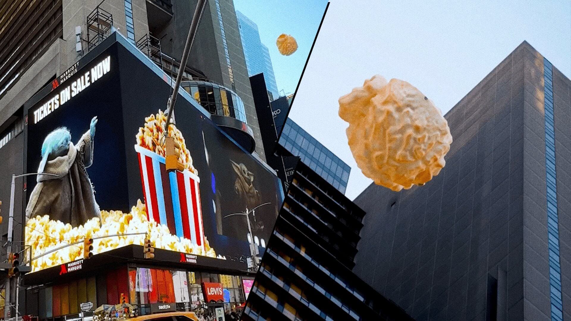 Disney coloca Grogu levitando pipoca gigante pra fora do outdoor na Times Square