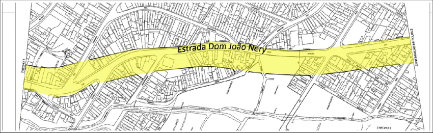 Planta com projeto de desenvolvimento de estrada em área com propriedades privadas.