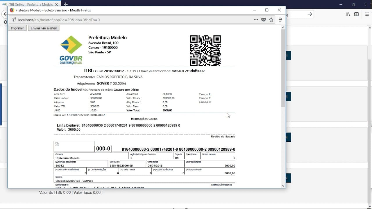 Captura de tela do computador com uma Guia do ITBI, Imposto sobre a Transmissão de Bens Imóveis