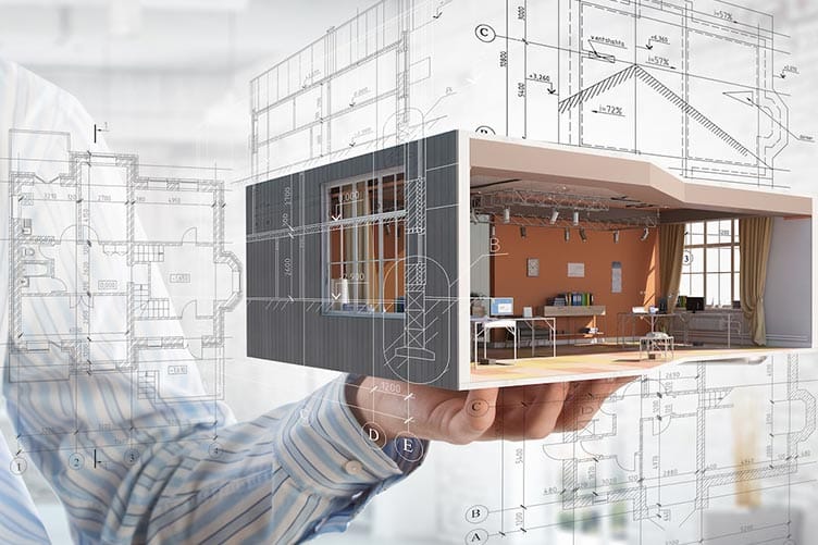 Miniatura de residência com medidas e informações ao redor representando um Imóvel sendo avaliado.