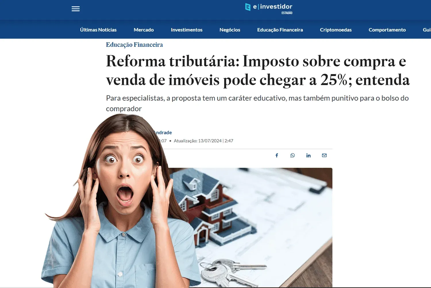 Captura de tela com notícia sobre aumento de imposto sobre compra e venda de imóveis.
