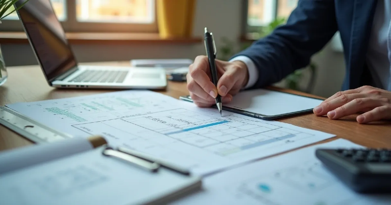 Arquiteto elaborando laudo de avaliação de imóvel.