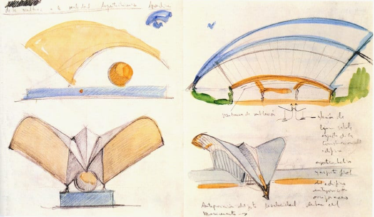 Croqui do Aeroporto de Satolas, França, croquis de Santiago Calatrava.