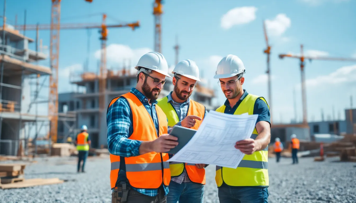 Homens discutindo o Memorial Descritivo de Obras