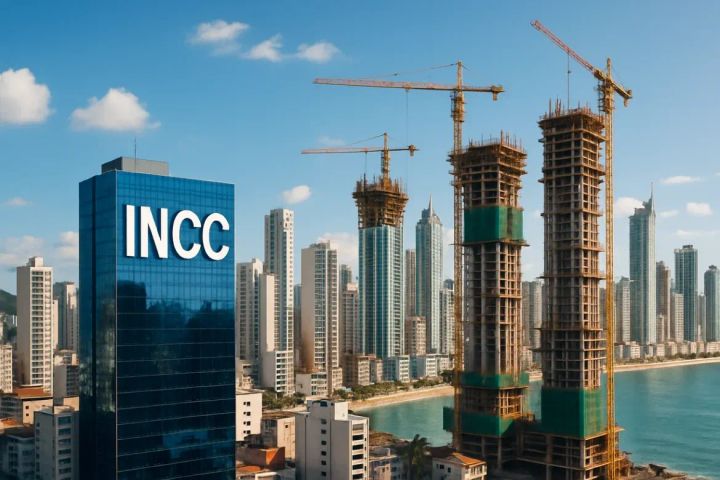 Orla da praia com edifícios em construção.