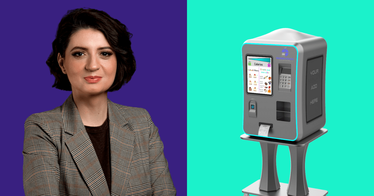 Madalina Ilie, founder of Manna Food Solutions, with a prototype of the Reebo, the 3D printing vending machine