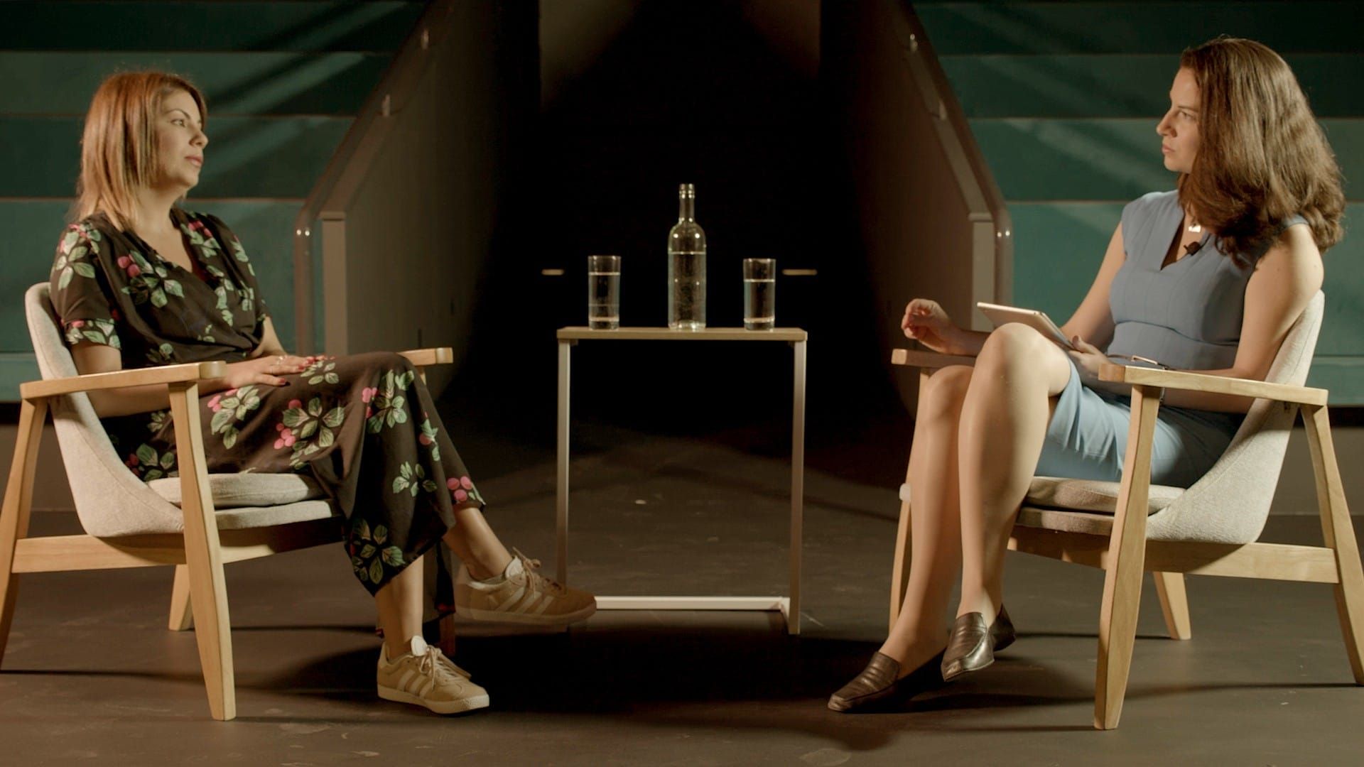 Niki Karali, COO of Mantis Business Innovation and Irina Obushtarova sit on chair and talk