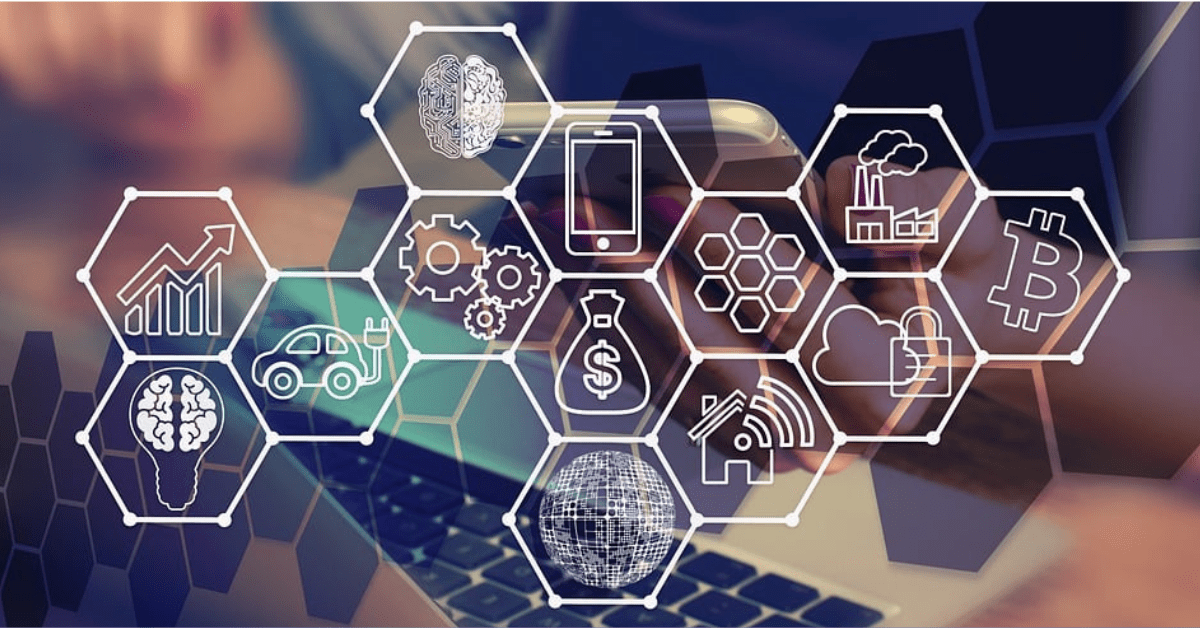 A transparent 2D hive is shown with areas of digitalisation like finance, industry and IoTs.