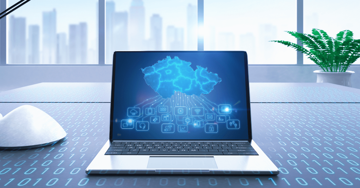 laptop on a desk with multiple IT-related icons and the map of the Czech Republic representing the IT companies in Czech Repu