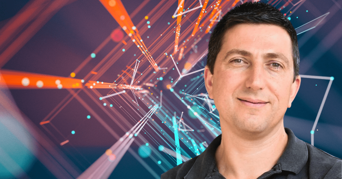 A portrait photo of Prof. Eran Yahav on an abstract background representing generative AI in software development