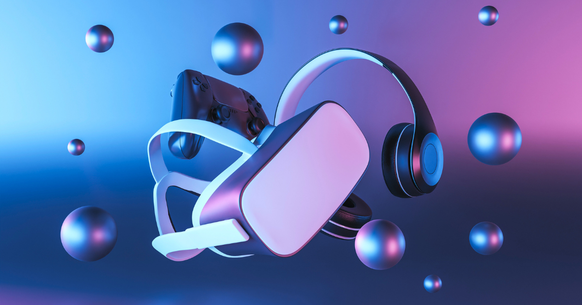gaming industry in the czech republic image with VR headset, console, and headphones