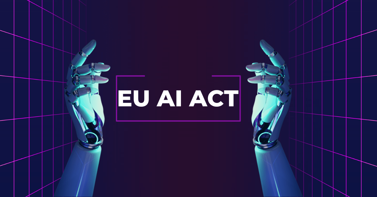 Two robotic hands on purple background, with text in the middle.