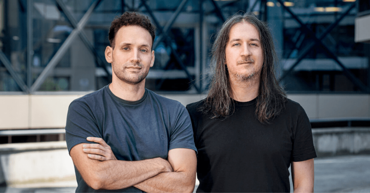 Two men posing for a picture: Luka Babic and Igor Bogicevic, co-founders of Orgnistic