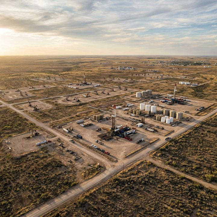 Permian Basin pumpjacks operating at sunset, West Texas oil production