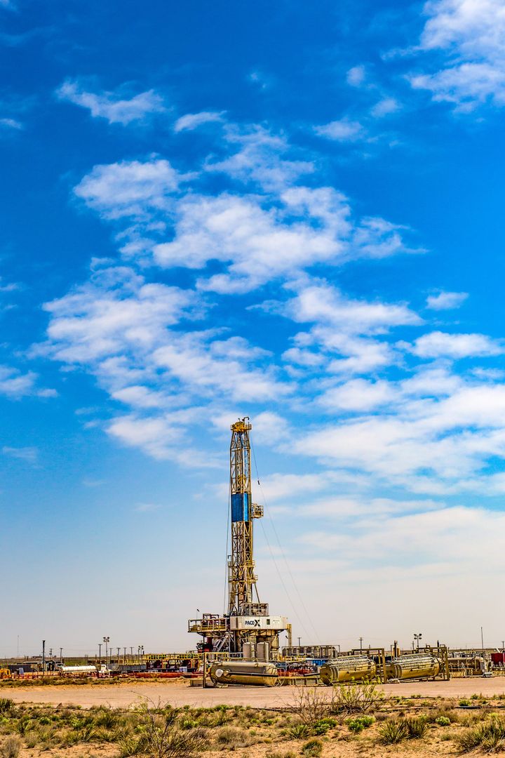 U.S. land drilling rig against open sky, upstream oil and gas operations