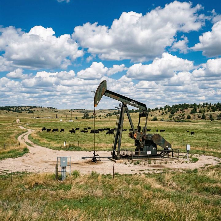 Wyoming Powder River Basin pumpjack with cattle grazing — oilfield production