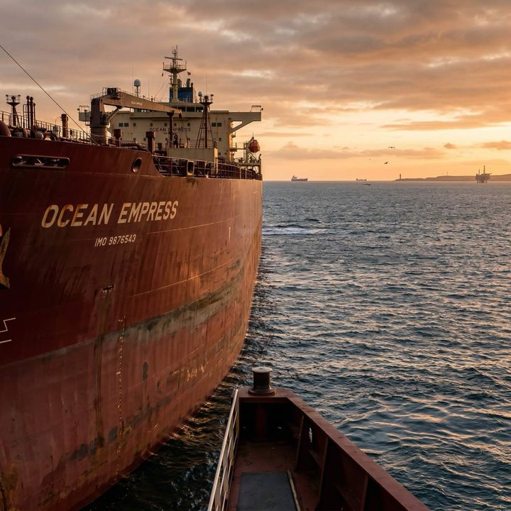 Oil tanker 'Ocean Empress' at dramatic golden sunset — geopolitical crude supply disruption.
