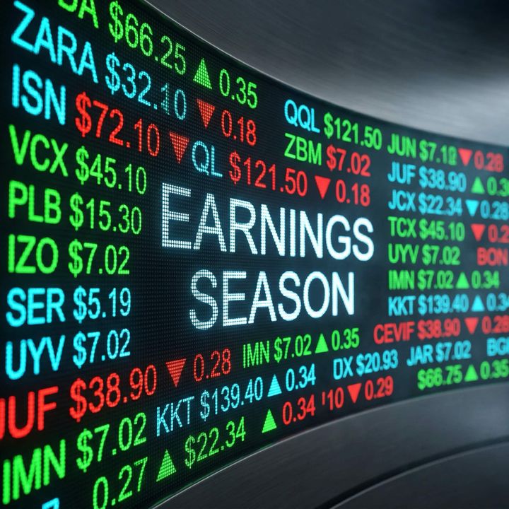 Curved LED display showing Earnings Season Quarterly Reports with financial ticker data — Q1 2026 E&P earnings tracker