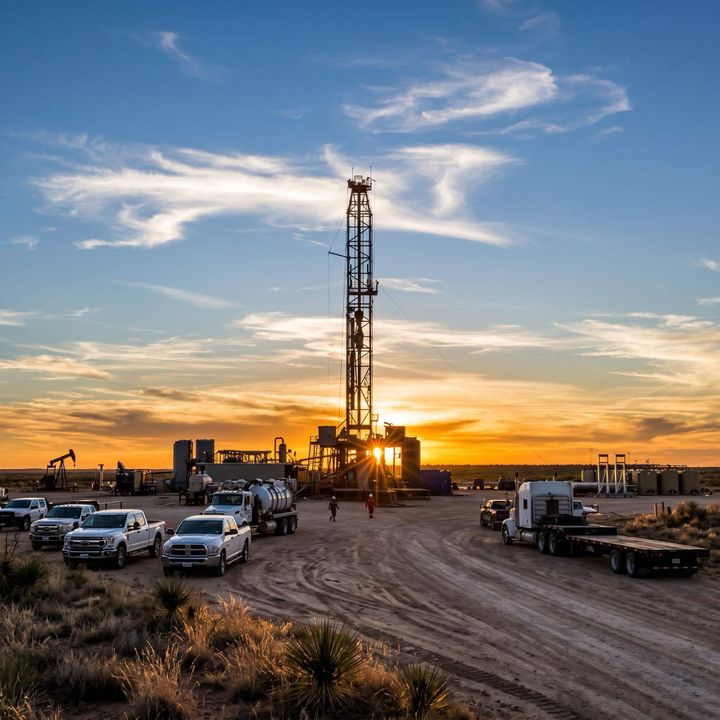 Permian Basin drilling rig at sunset