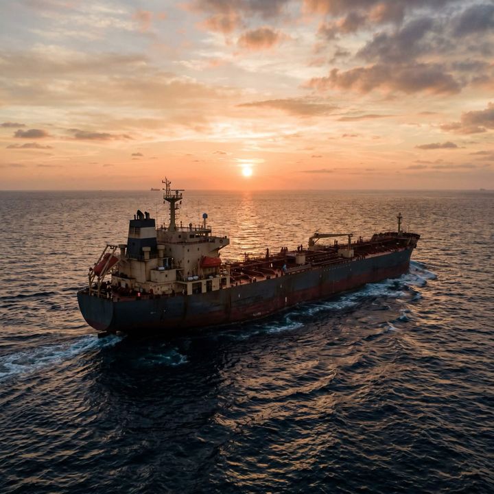 Aged crude tanker underway at golden-hour sunset